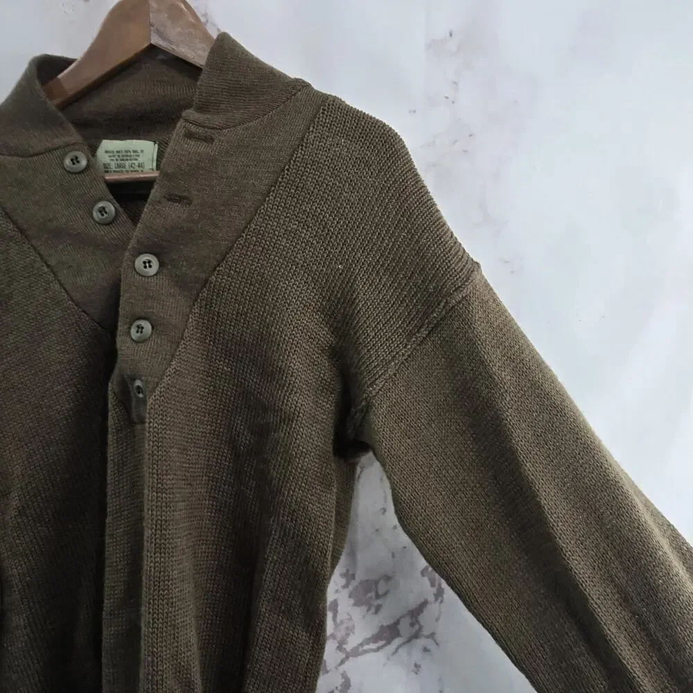Vintage Army Sweater Mens Large Olive Green Drab Henley Knit Shawl Collar DLA